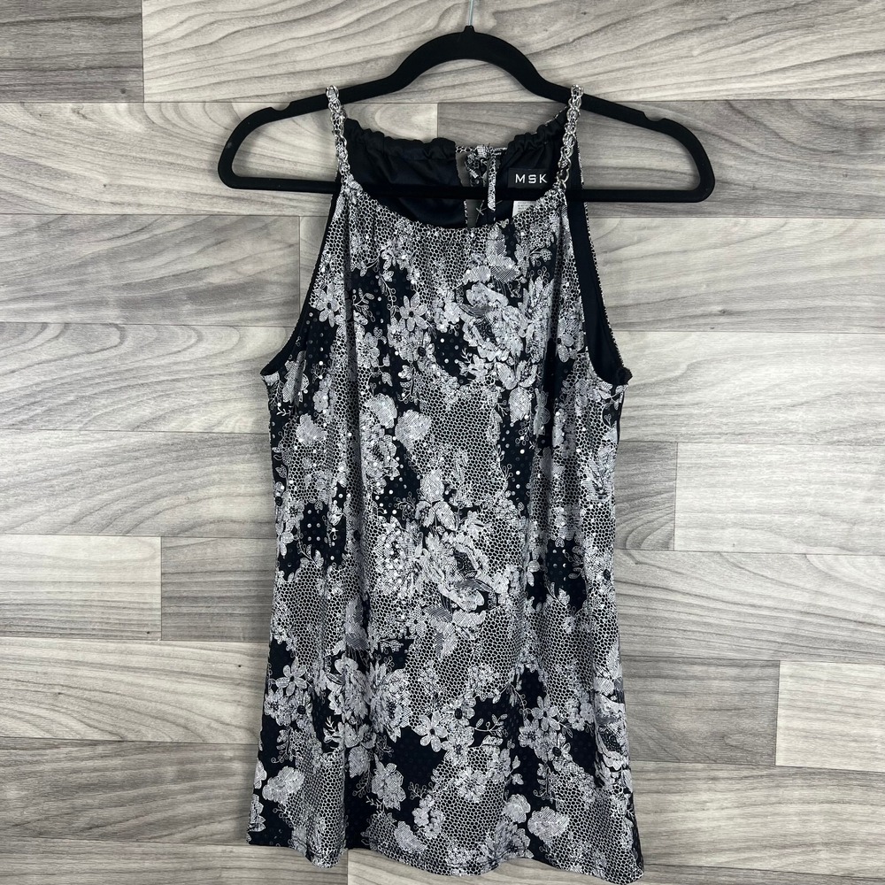 MSK Blouse Top Womens‎ S Black Floral Sleeveless Stretch Sequin Tie Date Night